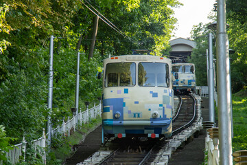 Naklejka premium Public transport funicular. Kyiv, Ukraine. Ukrainian electric tram in Kiev