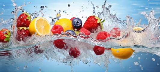 Food photography - Summer fruits background banner - Closeup of ripe lemons, raspberries, strawberries and blueberries in blue water with water splashes and water drops (Generative Ai)