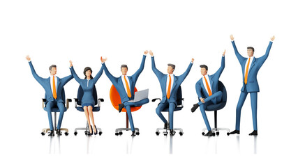 Business team with raised hands up celebrating success and achievements. Help, support, working together, advisory concept  3D rendering illustration