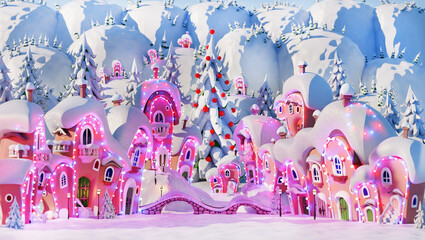 Beautiful fairy style village with Christmas tree.  3D rendering 