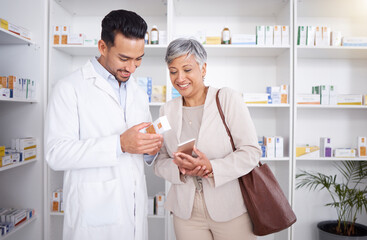 Pharmacist man, senior woman and advice with box, phone and happy in store for prescription,...