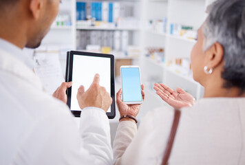 Pharmacist, hands and woman blank phone for question, tablet or discussion with search for prescription. Man, senior patient and smartphone screen for information, shopping or help in pharmacy mockup