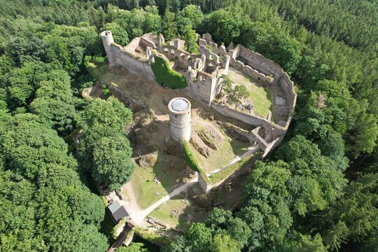 Helfenburk Ustek,Czech republic-July 11 2023:Helfenburg (Helfenburk)medieval castle ruins by Bavorov town,aerial panorama landscape view