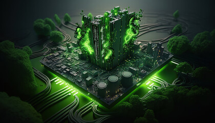 ai generated illustration eco green futuristic city on top of motherboard with glowing light