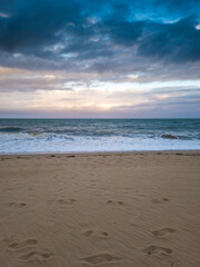 Sea sand beach close up. Beautiful beach landscape. Maritime beach landscape tropical horizon. calm and quiet sunset relax sunset summer mood. Positive energy, meditation, summer, beach in Brazil,