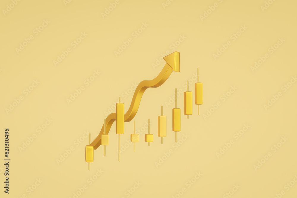 Poster gold 3d rendering candlestick chart with going up golden graph on studio background. illustration of