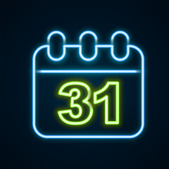 Glowing neon line Calendar with Halloween date 31 october icon isolated on black background. Happy Halloween party. Colorful outline concept. Vector