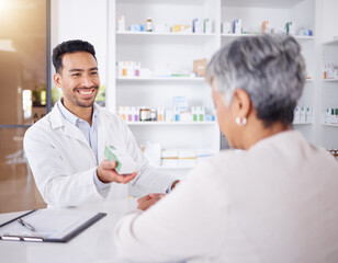 Senior woman, customer service and pharmacist with advice on medicine, drugs or shopping at a pharmacy or pharmaceutical store. Helping, medical expert in retail and conversation about healthcare