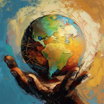 ai generated Illustration of  hand holding a globe  oil painting