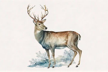Dear with antlers  isolated on white background, green and earth tones winter stag. Beautiful greeting card for xmas season. Christmas celebration