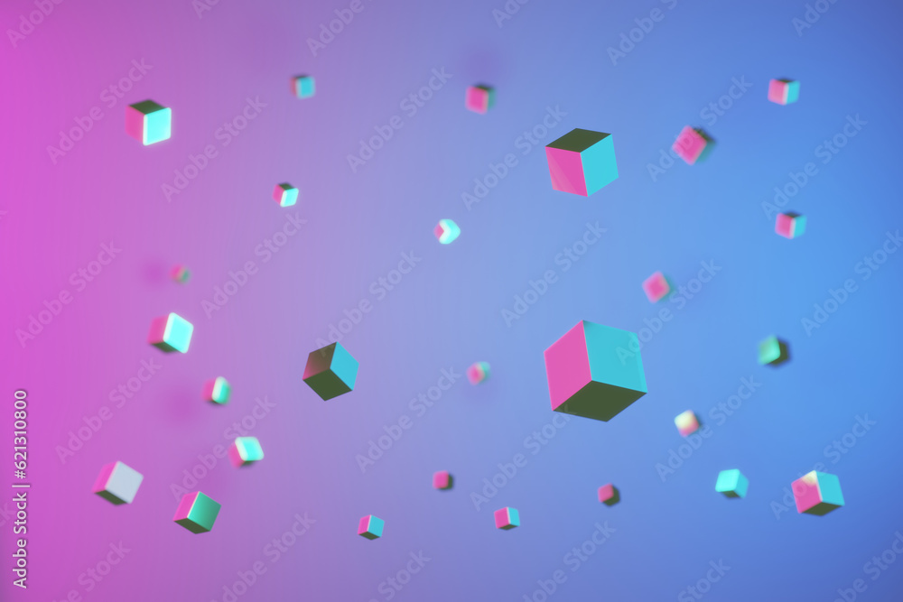 Poster abstract 3d cube on pink and blue background. illustration 3d rendering simple futuristic cube backg