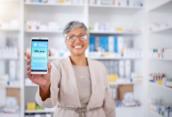 Pharmacy, contact and mobile for medical with doctor in closeup with internet or blurr background....