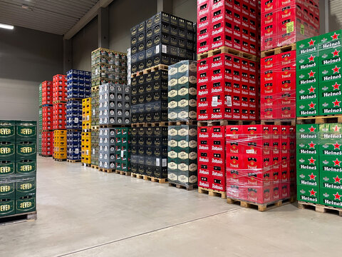Berlin, Germany, July 08, 2023 Crates of beer in a warehouse. Drinks from different manufacturers in the warehouse. Berlin, Germany, 8 July 2023