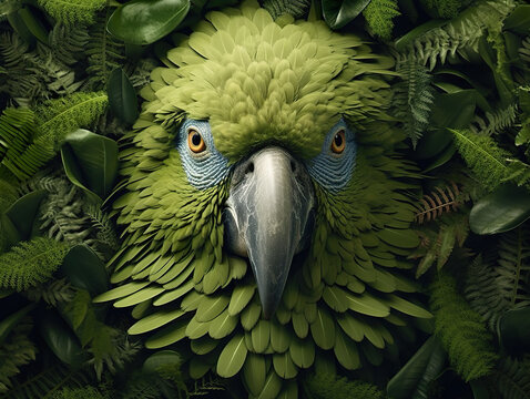 Closeup of a parrot surrounded by green plants. Parrot in the jungle. Beauty portrait of parrot's head among blurred foliage. Realistic 3D illustration. Generative AI