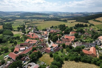 Fototapeta na wymiar Hostice is a municipality and village in Strakonice District in the South Bohemian Region of the Czech Republic,czech village,aerial panorama landscape view