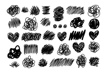 Vector illustration. Hand drawn doodle scribbles and hearts set. Crosshatching and scribble clouds, hearts and frames for highlighting. Diverse tangled hearts, circles and symbols for print, posters
