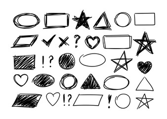 Vector illustration. Hand drawn doodle scribble geometric figures set. Crosshatching and scribble heats, stars, rectangles and squares. Checkmark icon. Diverse tangled hearts, circles and symbols