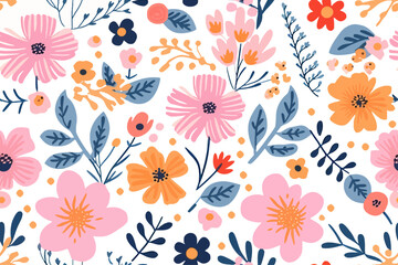 Colorful floral pattern on neutral background, vector seamless fabric design wallpaper