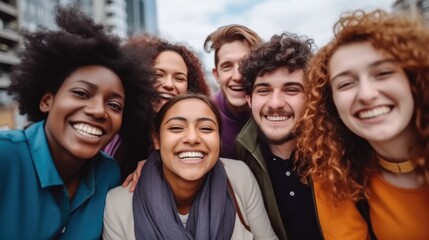 Obraz premium Multiracial happy group of friends having fun at outdoors in the city, Best friends enjoying time together.