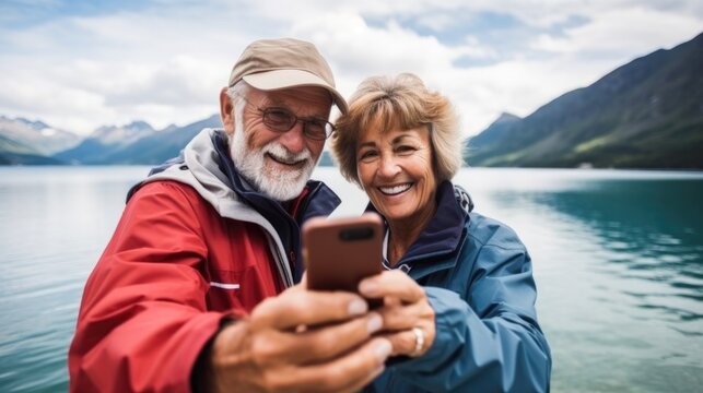 Happy Senior Travelers In New Zealand, Senior couple using smartphone taking selfies, Travel Vacation Retirement Lifestyle Concept.