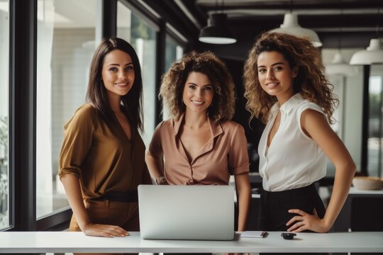 Portrait of multi ethnic business woman standing together at office, Multi ethnic business people at startup.