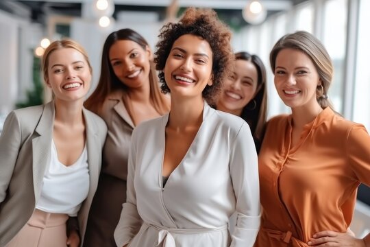 Happy multiethnic team of young women standing at office, Diverse female coworkers celebrating business success, teamwork result.