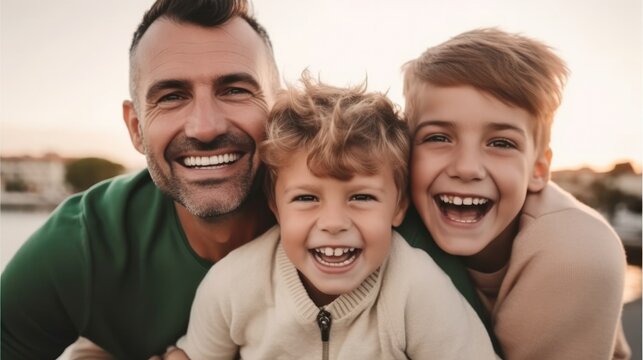 Gay fathers and sons having fun in park., Adoption concept.