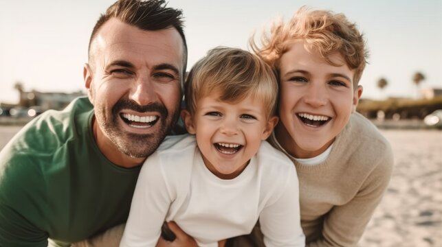 Gay fathers and sons having fun in park., Adoption concept.