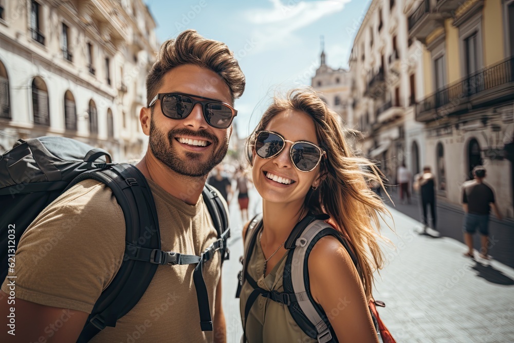 Wall mural smiling portrait of a young couple embracing the adventure