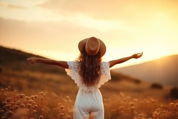 Happy woman standing at field in nature at sunset, Enjoying unity with nature and relaxation.