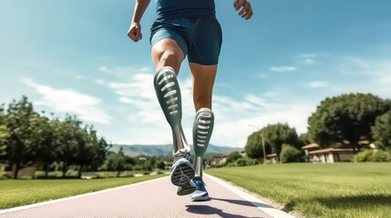 Man with prosthetic leg are running at park city, Fit young man with physical disability doing rehabilitation exercise routine. - obrazy, fototapety, plakaty