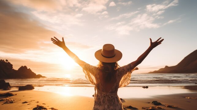 Happy woman enjoy freedom at the beach at sunset, serenity in nature.