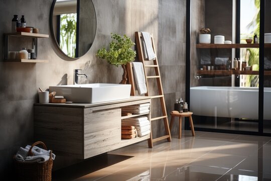 Industrial loft style bathroom with polished concrete, Furnished with white bathtub, Decorating with decorative patterns of concrete.