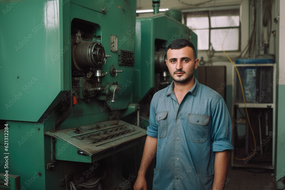 Poster portrait of a factory worker at the workplace at the machine. generative ai