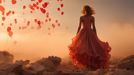 Fashion Photo of a Woman in a Red Dress, in a Mysterious Desert Watching Red Balloons Soar