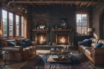 Obraz na płótnie Canvas Interior with fireplace candles skin with a sofa Generative AI