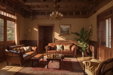 Fototapeta na wymiar luxury hotel old room vintage interior with leather sofa wood table. Generative AI