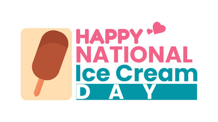 Typography Text National Ice Cream Day Blue Pink Brown with Chocolate Popsicle Love Left Side Icon on White Background