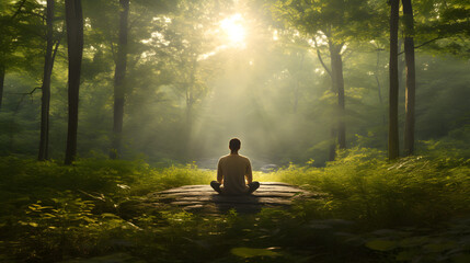 The tranquility and inner peace of a person practicing meditation in a serene natural setting, with soft sunlight filtering through the trees.