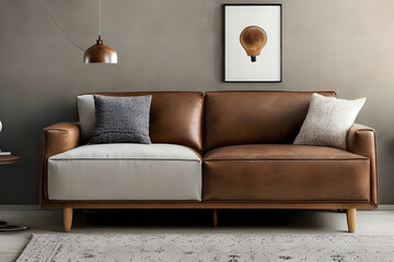 Stylish interior of living room with design brown armchair, wooden bookcase, pendant lamp, carpet decor, picture frames and elegant personal accessories in modern retro home decor. Generative AI