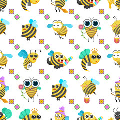 Seamless Pattern Abstract Elements Different Bee Insect Beetle With Flower Vector Design Style Background Illustration Texture For Prints Textiles, Clothing, Gift Wrap, Wallpaper, Pastel
