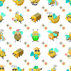 Seamless Pattern Abstract Elements Different Bee Insect Beetle With Flower Vector Design Style Background Illustration Texture For Prints Textiles, Clothing, Gift Wrap, Wallpaper, Pastel