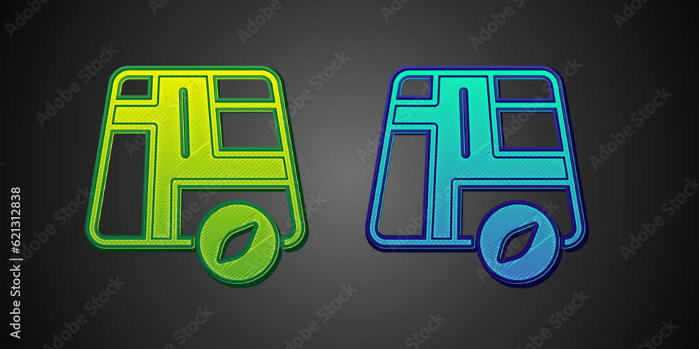 Poster green and blue map pointer with taxi car icon isolated on black background. location symbol. vector