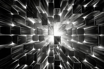 Impressive monochrome crystal lattice, pierced by light rays at the corner, evokes symmetry and X-ray diffraction in a minimalist style. Generative AI