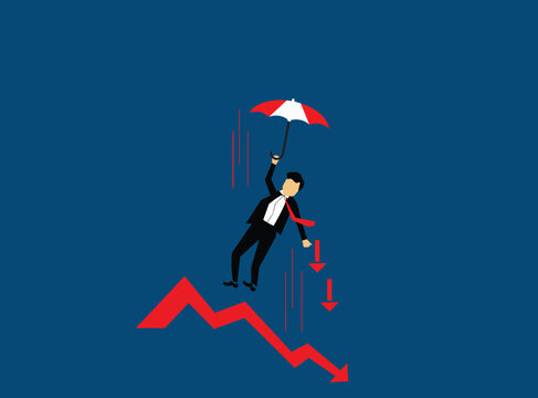 vector illustration of falling using an umbrella or falling market chart downwards
