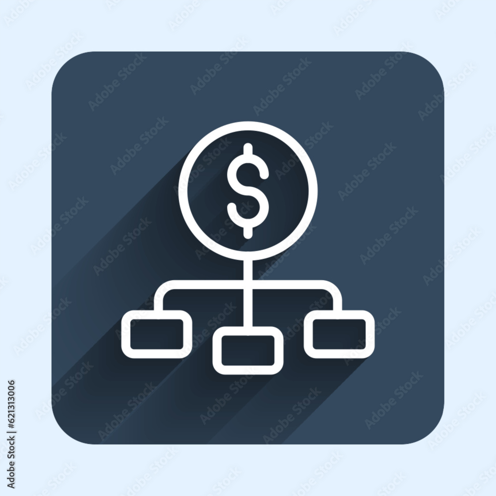 Poster white line dollar on top of financial hierarchy icon isolated with long shadow background. blue squa