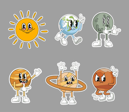 Set of vintage groovy planet characters, Retro character, hippie 70s style, Vintage vector set.