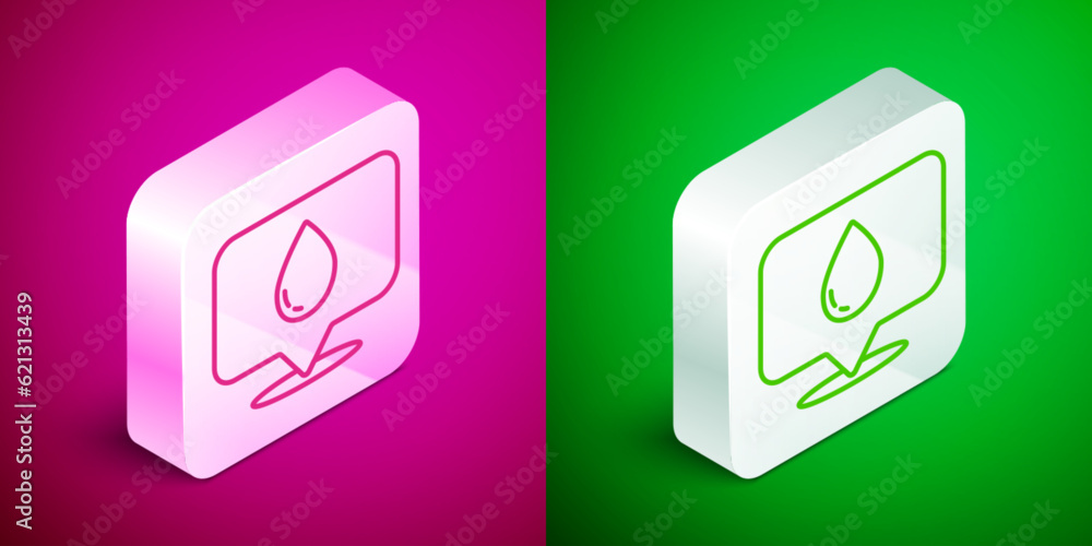 Poster isometric line water drop with location icon isolated on pink and green background. silver square bu