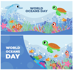 set banner world ocean day. cute fish, cute turtle