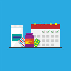Pharmacy date and time for take medicine concept blue background